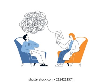 Young Man At An Appointment With A Psychologist Talks About His Stress Or Mental Health Problems. The Concept Of Psychiatric Care With Abstract Elements In The Form Of A Tangled Ball