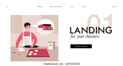 Joven en delantal haciendo pasta para pan en la cocina en casa. Carácter masculino pensando en la imagen de la hogaza al horno y de la vectorial plana al horno. Hormigón, concepto de comida para banner, diseño de sitio web o página de aterrizaje