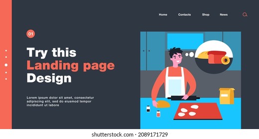 Young man in apron making dough for bread in kitchen at home. Male character thinking of baked loaf and donut flat vector illustration. Baking, food concept for banner, website design or landing page