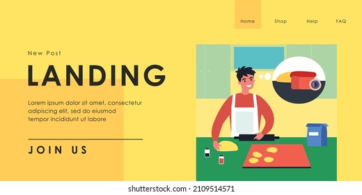 Young man in apron making dough for bread in kitchen at home. Male character thinking of baked loaf and donut flat vector illustration. Baking, food concept for banner, website design or landing page