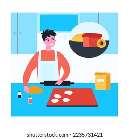 Young man in apron making dough for bread in kitchen at home. Male character thinking of baked loaf and donut flat vector illustration. Baking, food concept for banner