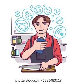 Young man in apron select food in web store. Online shoppers ordering goods. Concept of products purchase via mobile apps. Modern technology and lifestyle. Flat vector illustration