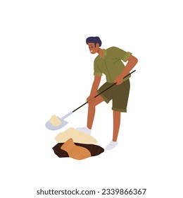 Young man archeologist character digging hole in soil and finding ancient vase of antique period