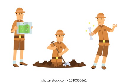 Young Man Archeologist Digging Soil with Shovel and Holding Bone Vector Illustration Set