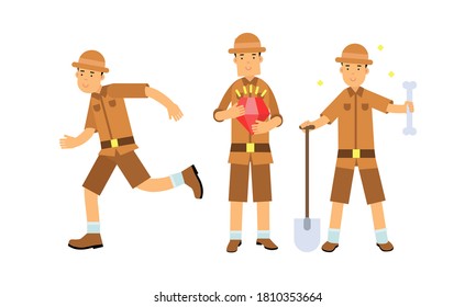 Young Man Archeologist Standing with Shovel and Bone Vector Illustration Set