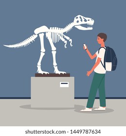 Young man at archeology museum exposition room with Tyrannosaurus dinosaur skeleton the cartoon flat vector illustration. Historical education and tourism concept.