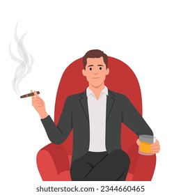 Young man aristocrat sits in armchair in expensive formal suit and drinks brandy with cigar. Millionaire aristocrat. Flat vector illustration isolated on white background