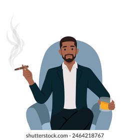 Young man aristocrat sits in armchair in expensive formal suit and drinks brandy with cigar. Flat vector illustration isolated on white background