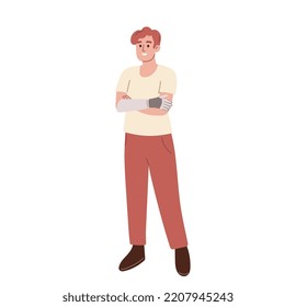 Young man with arm prosthesis. person without arm. Limb amputation. Flat vector illustration.