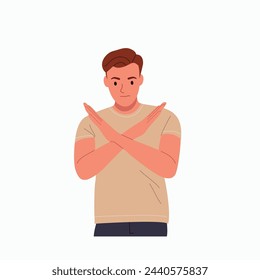 Young man with arms crossed shows a negative gesture and stop.Vector cartoon flat style illustration