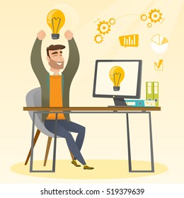 Young man with arms up got a business idea. Cheerful businessman working on a computer with business idea bulb on a screen. Business idea concept. Vector flat design illustration. Square layout.