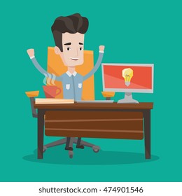 Young man with arms up having a business idea. Cheerful businessman working on a computer with a business idea bulb on a screen. Business idea concept. Vector flat design illustration. Square layout.