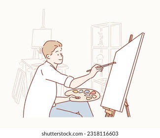 Young man artist looking draw with serious expression at art studio. Hand drawn style vector design illustrations.