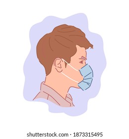 Young man Asian wearing blue masks with Light Brown T-shirt looking forward confidently, with line art concepts and a touch of pale colors