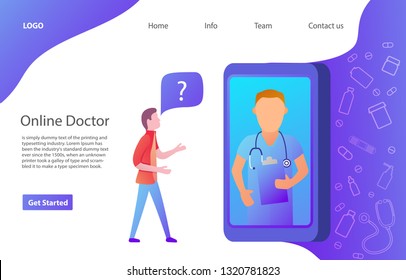 The young man ask a route in the smartphone.Web page.Website template. Flat vector.Doctor online concept character.Landing page.Online medical consultation.Medicine and Healthcare concept.