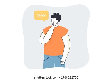 Der junge Mann, der darum bittet, geheim zu bleiben. Männlicher Cartoon-Charakter mit Finger auf Lippen, Stille Geste flache Vektorgrafik. Geheime, tratsche, geschäftliche Konzepte für Banner, Website-Design oder Landing-Website