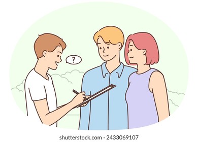 Young man asking question to couple outdoors. Smiling male interviewer making poll talking to people outside. Vector illustration.