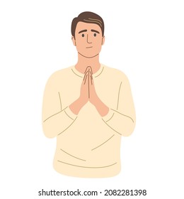 A young man asks for a favor. A man prays. Flat vector illustration.