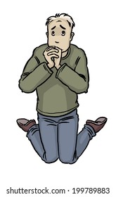 young man asks for forgiveness on his knees. A series of cartoon characters.