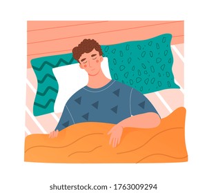 Young man asleep in his bed on a pillow with a peaceful expression, colored vector illustration