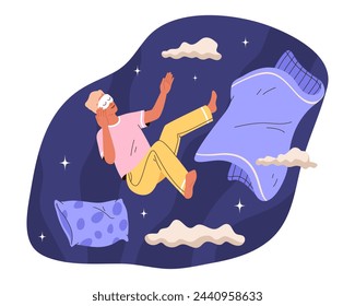 Joven dormido con máscara de dormir. Humano flotando en el aire entre almohada y manta. Una persona duerme entre nubes, estrellas. Concepto de sueño saludable, sueños. Proceso de sumergir a la persona en el sueño.