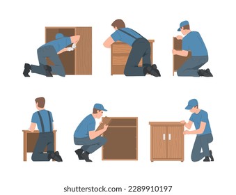 Young Man Assembling and Installing Wooden Furniture Vector Set