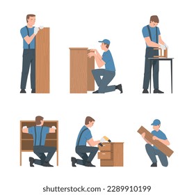 Jóvenes montando e instalando un conjunto de vectores de muebles de madera