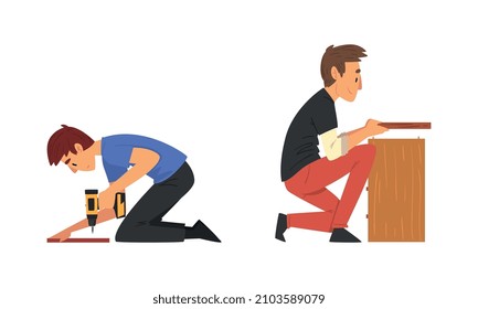 Young Man Assembling Wooden Drawer Chest with Drill Engaged in Manual House Work Vector Set