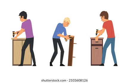 Young Man Assembling Wooden Drawer Chest with Electric Drill Engaged in Manual House Work Vector Set