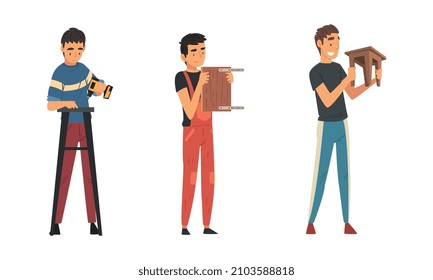 Young Man Assembling Wooden Stool and Chair Engaged in Manual House Work Vector Set