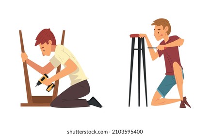 Young Man Assembling Wooden Stool with Screwdriver and Drill Engaged in Manual House Work Vector Set