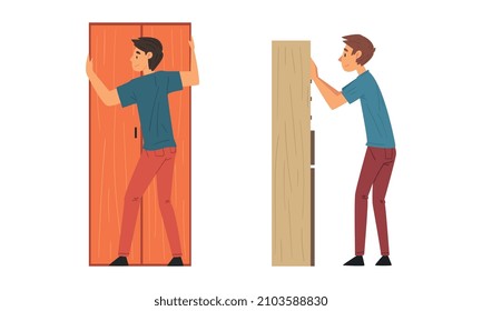 Young Man Assembling Wooden Wardrobe Engaged in Manual House Work Vector Set