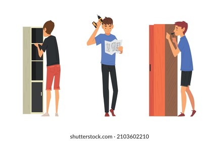 Young Man Assembling Wooden Wardrobe Engaged in Manual House Work Vector Set