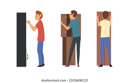 Young Man Assembling Wooden Wardrobe Engaged in Manual House Work Vector Set