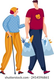 Young man assisting elderly woman with grocery bags. Caring support, intergenerational help. Family, kindness, assistance vector illustration