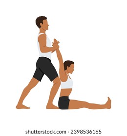 Young man assisting girl doing seated forward bend pose, paschimottanasana. Flat vector illustration isolated on white background