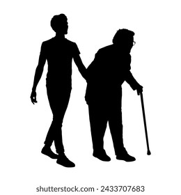 Young man assisting senior woman walking with walking stick silhouette.	