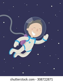 Young man astronaut is flying in the open space. Flat design vector illustration