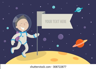 Young man astronaut holding a flag on a new planet. Flat design vector illustration