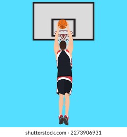 Young man athlete, basketball player jumping and shooting ball into the hoop, vector illustration. Basketball scoring shots, shooting skills. Professional sport, hobby.