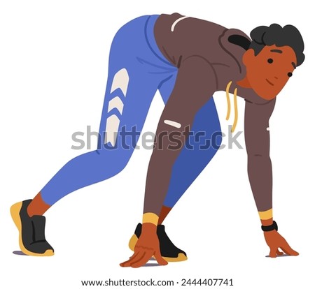 Young Man Athlete Character Crouches In A Low Start Pose, Muscles Tensed, Eyes Focused Ahead, Ready To Explode Into Motion With Determined Intensity. Cartoon People Vector Illustration