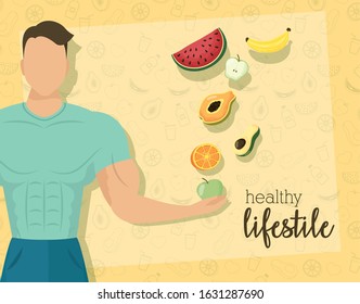 young man athlete character with fruits and vegetables vector illustration design