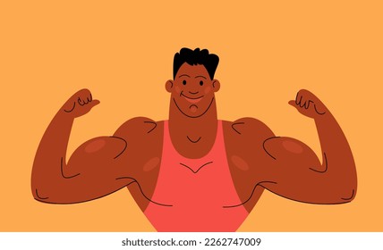 a young man, athlete demonstrates inflated muscles of the shoulder girdle