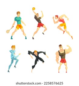 Young Man Athlete Doing Different Sport Physical Activity Training Body Vector Set