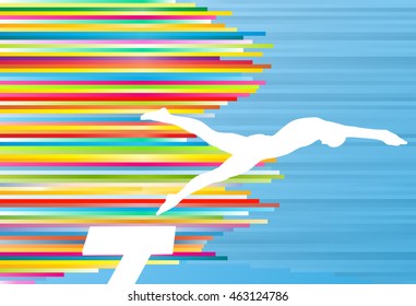 Young man athlete jump in swimming pool abstract vector illustration with colorful stripes on blue background