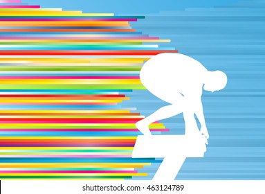 Young man athlete jump in swimming pool abstract vector illustration with colorful stripes on blue background