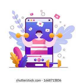 A young man athlete picks up dumbbells and talks about sports. The blogger records a video about a lifestyle and posts it on the channel to the social network. Vector flat illustration of a big phone