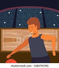 young man athlete playing basketball with balloon vector illustration design