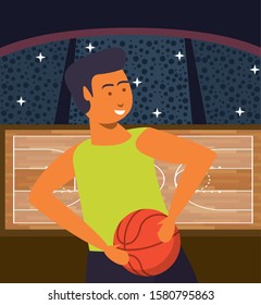 young man athlete playing basketball with balloon vector illustration design