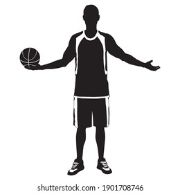 Young man athlete, professional basketball player silhouette standing with ball in hand, vector illustration. Sportsman wearing basketball uniform. Sport and healthy lifestyle.
